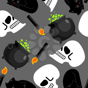 Witch pattern magical pot and skull, Black cat and candle for spells ornament. Halloween Background
