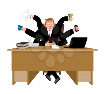 Businessman and lots of hands. Performing many tasks.  Lot of work. Vector illustration
