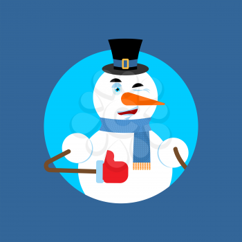 Snowman thumbs up winks emoji. New Year and Christmas vector illustration