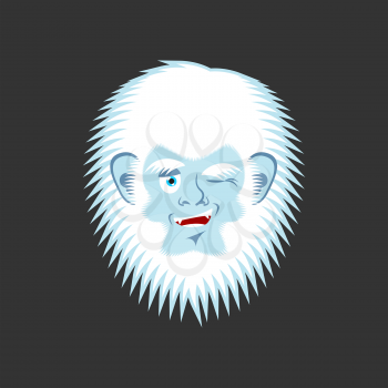 Yeti winks emoji. Abominable snowman cheerful avatar. Bigfoot joyful emotion face. Vector illustration
