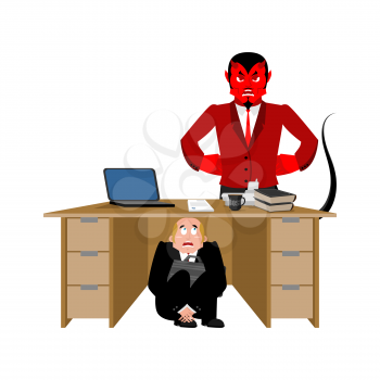 Businessman scared under table of satan. frightened business man under work board. take to hell. Boss fear office desk. To hide from Red Devil. Vector illustration