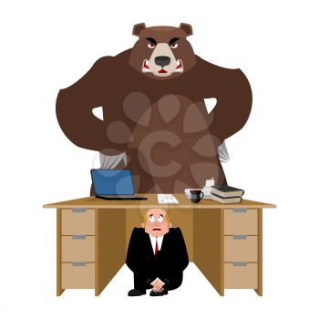 Businessman scared under table of Bear. frightened business man under work board. Wild Animal. Boss fear office desk. To hide from angry grizzly. Vector illustration