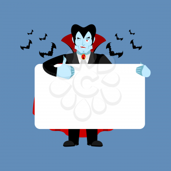 Dracula holding banner blank. vampire and white blank. ghoul joyful emotion. monster and place for text. Vector illustration
