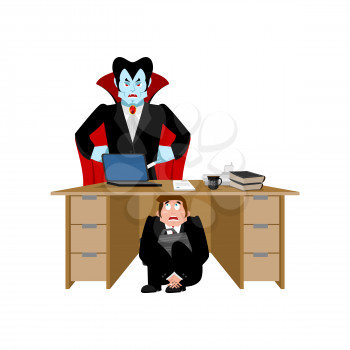 Businessman scared under table of dracula vampire. To hide from not to drink blood. frightened business man under work board.  Boss fear office desk.  Vector illustration