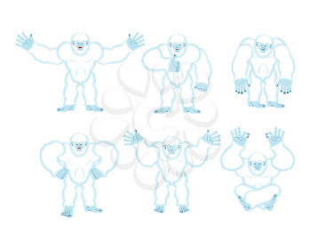 Yeti set poses and motion. Bigfoot happy and yoga. Abominable snowman sleeping and angry. Monster guilty and sad. Vector illustration
