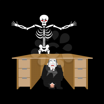 Businessman scared under table of skeleton. frightened business man under work board. does not want to die. Boss fear office desk. To hide from death. Vector illustration