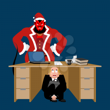 Businessman scared under table of Krampus. frightened business man under work board. bad behavior. Boss fear office desk. To hide from Christmas. Vector illustration