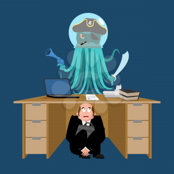 Businessman scared under table of Alien Invader. frightened business man under work board. Space pirate Octopus. Boss fear office desk. To hide from cosmic monster. Vector illustration