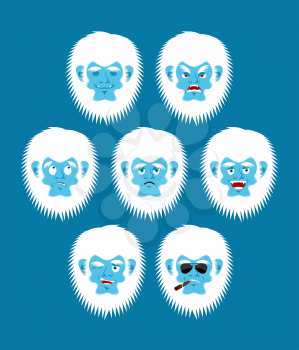 Yeti emoji set. Bigfoot sad and angry face. Abominable snowman guilty and sleeping avatar. Vector illustration