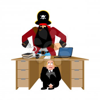 Businessman scared under table of pirate.  To hide from robbery. frightened business man under work board. filibuster brigandage. Boss fear office desk. Vector illustration