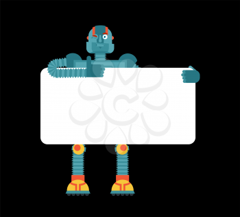 Robot holding banner blank. Cyborg and white blank. Robotic man thumb up and winks joyful emotion. place for text. Vector illustration