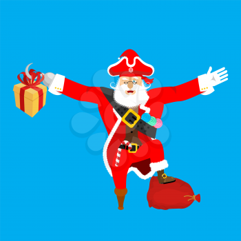Santa Claus pirate. Christmas buccaneer. Gift box. Hook and wooden leg. New Year. Vector illustration
