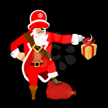 Santa Claus pirate. Christmas buccaneer. Gift box. Hook and wooden leg. New Year. Vector illustration
