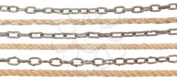 metal chain and rope isolated on white background