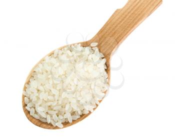 rice grain in wooden old spoon isolated on white background