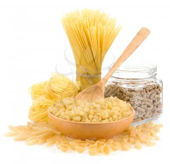 pasta and wooden plate isolated on white background