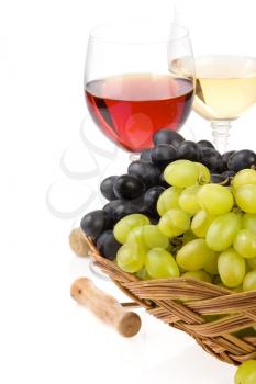 wine in glass and grape fruit isolated on white background
