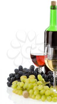 wine in glass and bottle with grape isolated on white background
