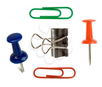 close up pushpin and paper clip on white background