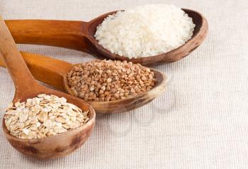 oat, rice and buckwheat in wood spoon on sacking