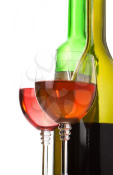 wine bottle and wineglasses isolated on white background