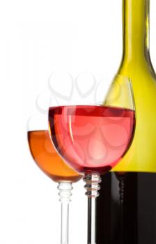 wine in glasses and bottle isolated on white background