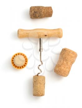 corkscrew and wine cork isolated on white background
