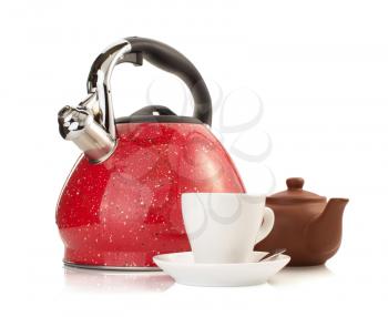 cup and kettle isolated on white background