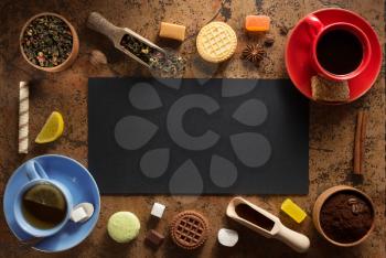 cup of coffee, tea and cacao at abstract background