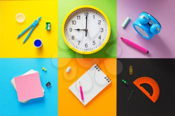 school supplies at abstract colorful paper background texture