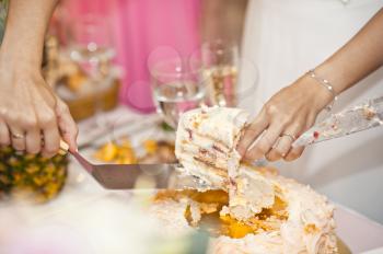 Wedding cake is divided into pieces for the guests.