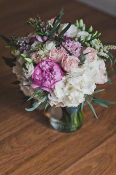 A bouquet of flowers in a glass vase.