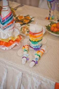 Decorated with rainbow ribbons and fabrics Banquet hall.