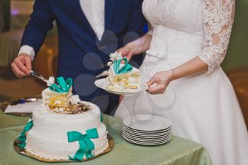 Bride shares wedding cake among the guests.