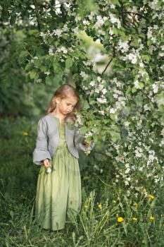 Portrait of a little girl in the spring in the flowering trees.