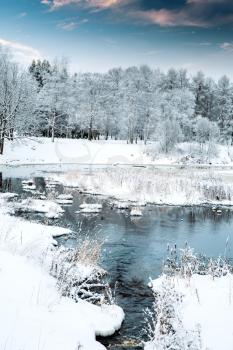 River flowing through the winter forest. beautiful landscape