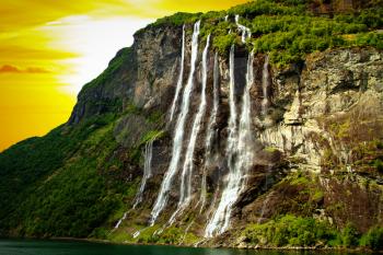 waterfalls northern Norwegian fjords. 