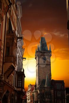 Prague Old town square, Tyn Cathedral. under sunlight.