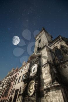 Detail of the Prague Astronomical Clock  in the Old Town of Prague. night shining moon and stars