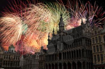 festive fireworks at night in Brussels. Belgium.