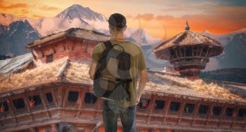A man is a tourist traveling around the city of Kathmandu. Nepal.