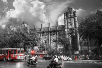 Chhatrapati Shivaji, the former Victoria Terminus . black and red and white photo