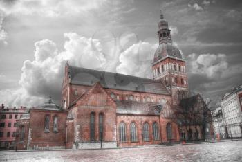Riga Church of St. Peter and the streets of the ancient city. black and red and white photo