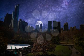 New York City Manhattan Skyline, U.S.A. colorful sunset. night, the starry sky and the moon shine.