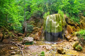 waterfall in forest, waterfall in Crimea spring forest