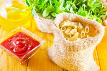 Close-up of assorted pasta in jute bag