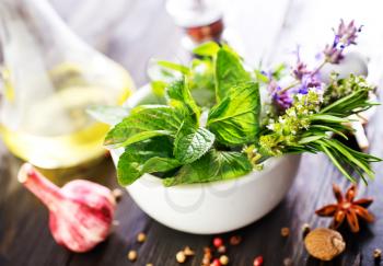 fresh herbs and aroma spice on a table