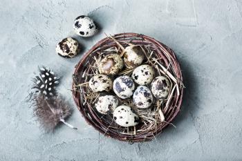 raw quail eggs on nest and on a table