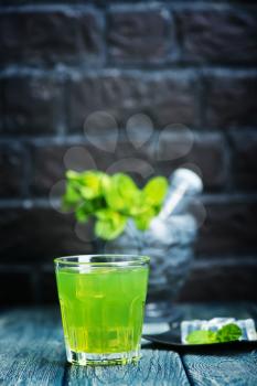 fresh mint drink in glass and on a table