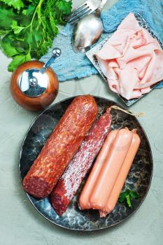 sausages on a table, sausages and salami